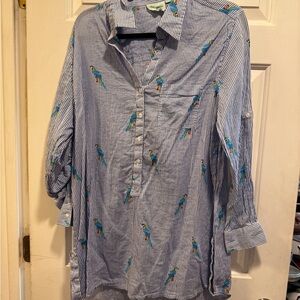 Striped Blue Parrot Print Tunic Top - Lightweight Women's Shirt